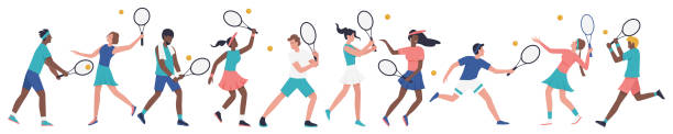 illustrazioni stock, clip art, cartoni animati e icone di tendenza di le persone giocano a tennis, le azioni dei giocatori impostate, gruppo eterogeneo di uomini e donne che tengono la racchetta - padel