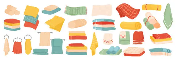 Vector illustration of Towels set in different colors and patterns, fabric spa, beach, bath or kitchen napkin