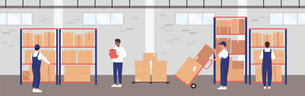 Factory warehouse, management of goods distribution process by quality control manager Factory warehouse, management of goods distribution process. Cartoon quality control manager standing near pallets full of boxes, people working in storehouse interior background. Logistics concept storage device stock illustrations