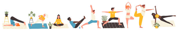 Yoga workout of young people set, woman and man stretch body on mats at home or gym Yoga workout of young people set vector illustration. Cartoon woman and man stretch body on mats at home or gym, doing gymnastic healthy exercises indoor isolated white. Fitness, training concept studio yoga adult action stock illustrations