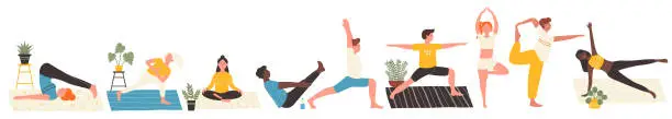 Vector illustration of Yoga workout of young people set, woman and man stretch body on mats at home or gym
