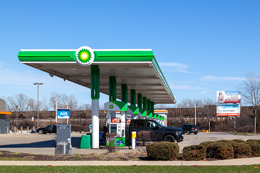 Chicago, Illinois, USA - March 27, 2022: A BP gas station in Chicago, Illinois, USA. BP plc is a British oil and gas company.