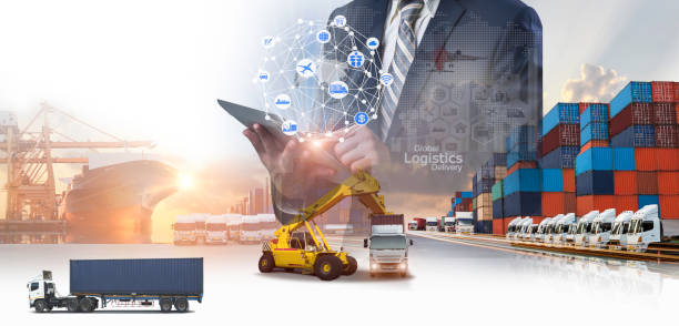 istock Global business connection technology interface global partner connection of Container Cargo freight ship for Logistic Import Export background,  Smart logistics delivery concept, Online goods orders worldwide 1401249654
