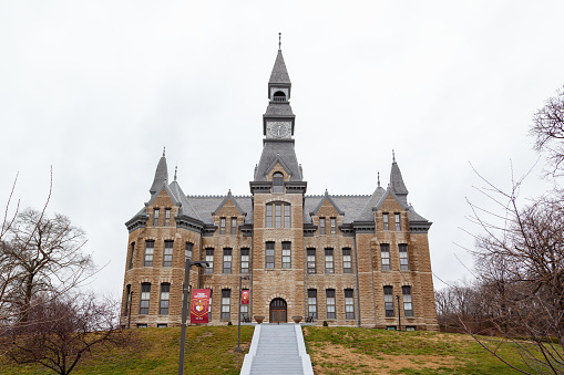 Parkville, Missouri, USA - March 23, 2022: Mackay Hall at Park University campus in Parkville, Missouri, USA. Founded in 1875, Park University is a private university.