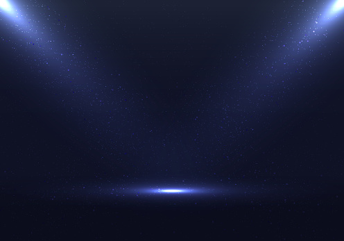 Empty stage blue scene background with spotlights and dust particles effect. Vector graphic illustration