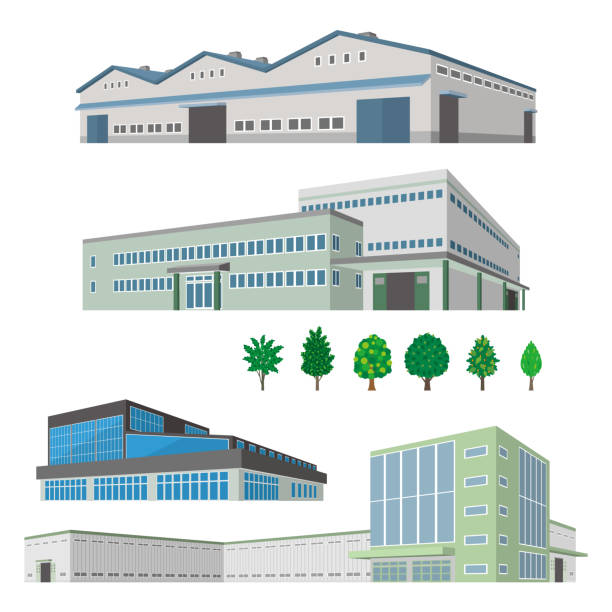 다양한 건물의 원근감 그림. 건물의 외부 전망. - factory building stock illustrations