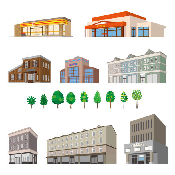 Perspective illustrations of various buildings. Exterior view of a building. Front view of the building. hardware store stock illustrations