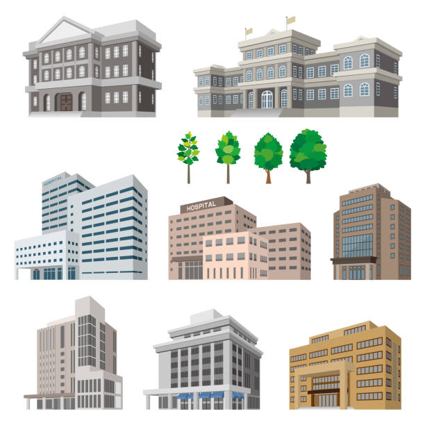 ilustrações, clipart, desenhos animados e ícones de ilustrações de perspectiva de vários edifícios. vista exterior de um prédio. - city government town hall government building