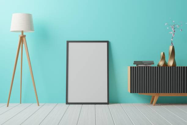 istock Vertical frame mockup in living room interior. 3d rendering, 3d illustration 1401254227