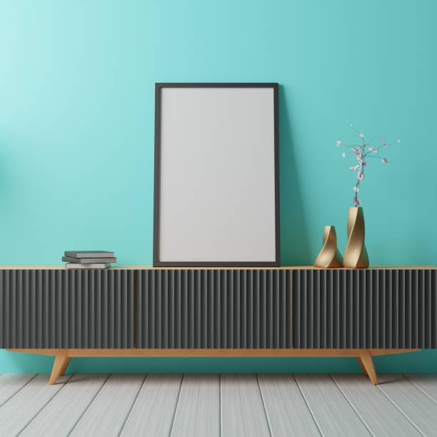 istock Vertical frame mockup in living room interior. 3d rendering, 3d illustration 1401254272