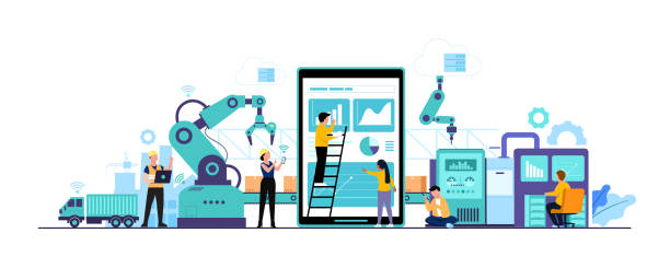 dolgozói munka a technológiával intelligens ipar 4.0 - gyártás témájú stock illusztrációk