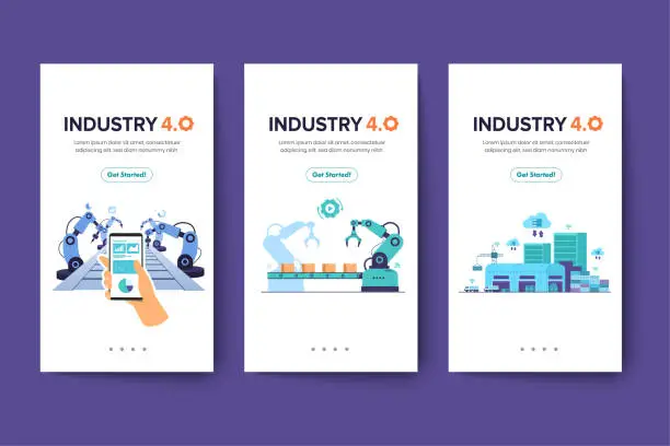 Vector illustration of Banner of working people with clever device of industry 4.0