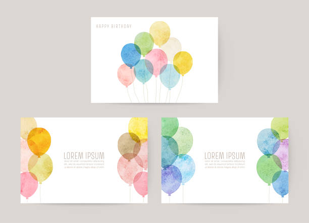 набор из 3-х открыток с акварельными воздушными шарами векторной иллюстрацией, для приветствия, приглашения - день рождения stock illustrations