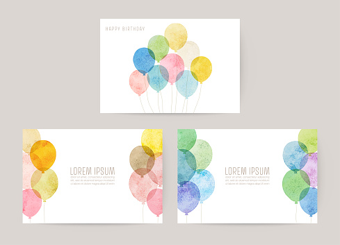 Set of 3 cards with watercolor balloons vector illustration, for greeting, invitation