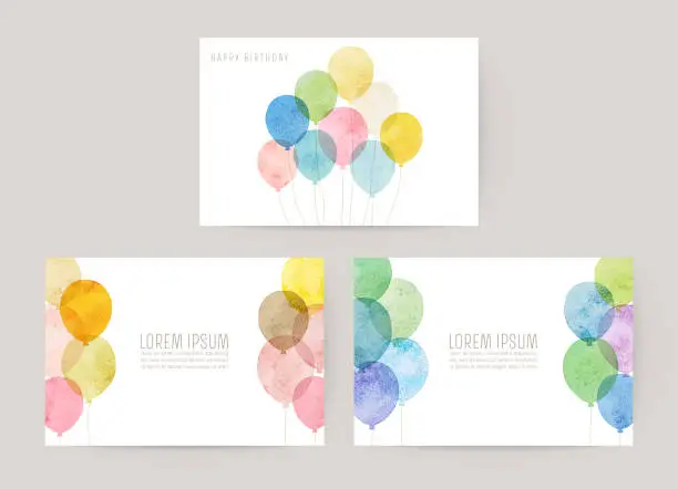 Vector illustration of Set of 3 cards with watercolor balloons vector illustration, for greeting, invitation