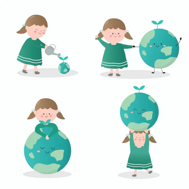 Vector illustration of Bundle set of girl and earth environmental nature design elements.