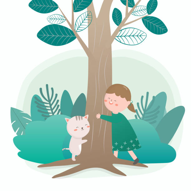 Lovely Girl and cute cat hugging the tree Lovely Girl and cute cat hugging trunk tree with Campaign planting for save the world in cartoon character, flat vector illustration design gladstone michigan stock illustrations