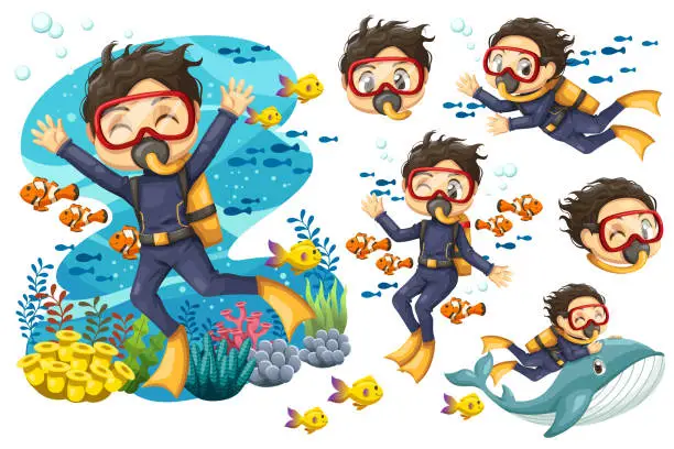 Vector illustration of Bundle set of Young man scuba diver diving under the sea