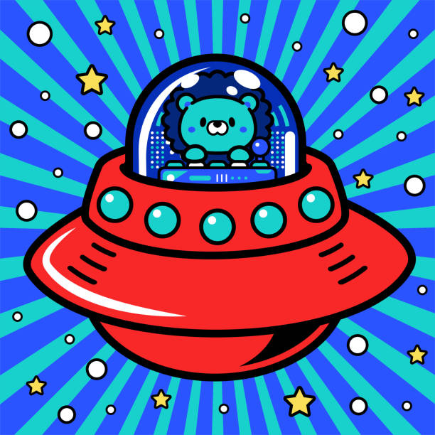 ein niedlicher löwen-astronaut steuert ein unlimited power-raumschiff oder ufo in das metaversum - driving speed humor video game stock-grafiken, -clipart, -cartoons und -symbole