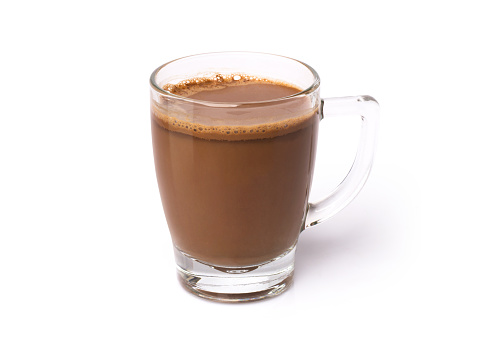 Glass mug of hot chocolate drink isolated on white background with clipping path.