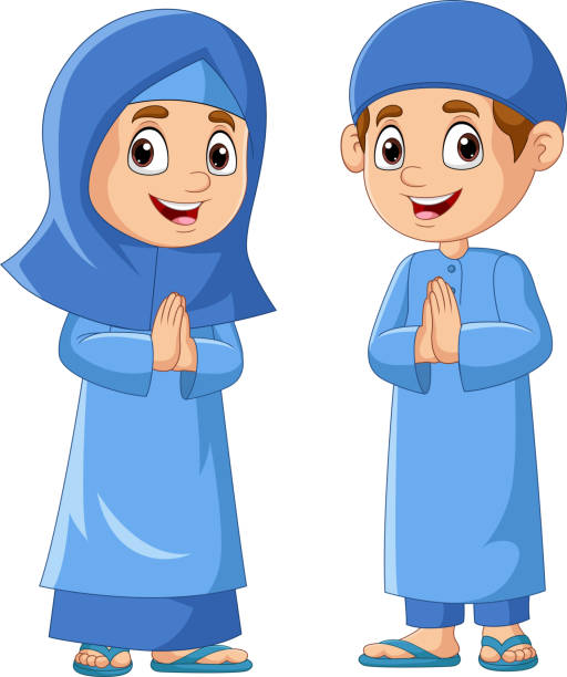 Happy Muslim girl and boy cartoon Vector illustration of Happy Muslim girl and boy cartoon cartoon of muslim costume stock illustrations