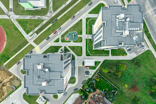 aerial top view of typical multistory apartment complex. drone photo from above.