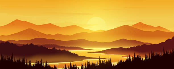 ilustrações de stock, clip art, desenhos animados e ícones de vector illustration of mountain landscape. pine forest and mountain silhouette with river in the evening. - pine sunset night sunlight