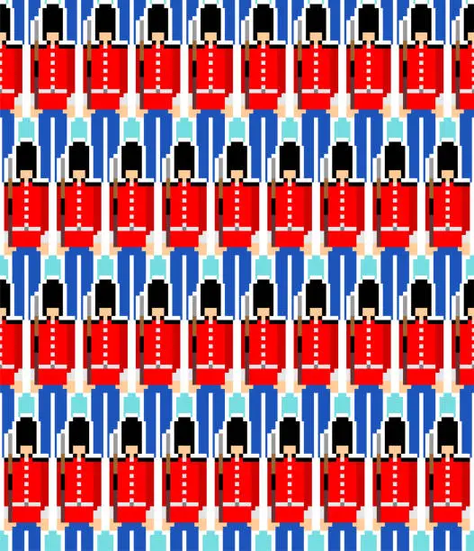 Vector illustration of Beefeater British Royal Guardsman pixel art pattern seamless. 8 bit sentry grenadier in bear hat background. pixelated Vector texture