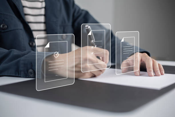 istock Businessman, work from home, handling documents, E-signing, signing digital contracts electronic signing electronic signature through internet technology document data management smart contract 1401269006