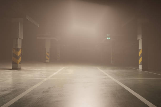 Smoke outside the garage at night, fire hazard.