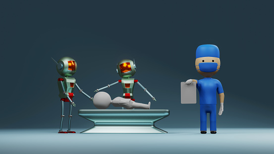 3d rendering. Doctor cartoon and robot character are treating the patient
