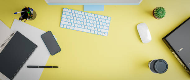 istock 3D illustration. Top view office desk  photo of workspace desk. 3D rendering. 1401271120