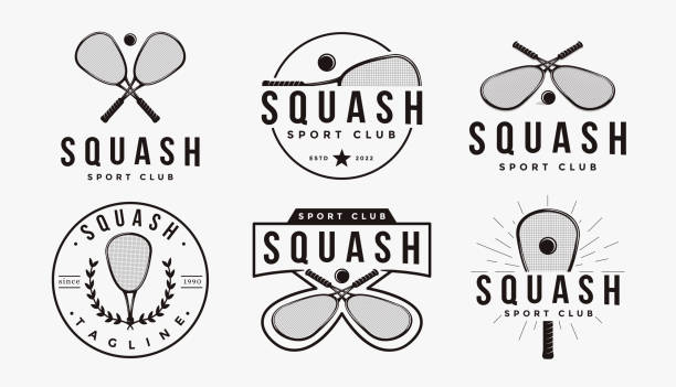 ilustraciones, imágenes clip art, dibujos animados e iconos de stock de conjunto de insignia emblema squash club, torneo, vector de diseño del logotipo de squash sobre fondo blanco - squash racketball sport exercising