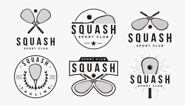 zestaw emblematu odznaki klub squasha, turniej, wektor projektu logo squasha na białym tle - racket sport obrazy stock illustrations
