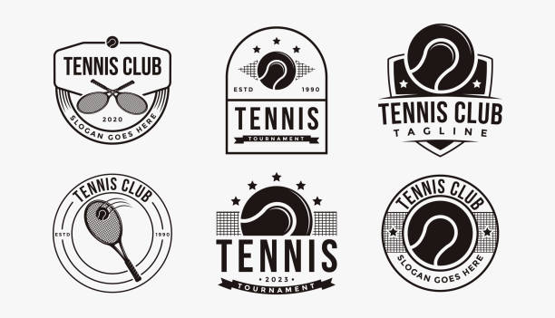 ilustraciones, imágenes clip art, dibujos animados e iconos de stock de conjunto de insignia emblema club de tenis, torneo, vector de diseño del logotipo de tenis sobre fondo blanco - torneo de tenis