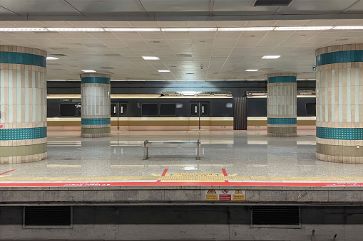 Denver, CO - March 7, 2021: Sweeping, modern architecture of the train platform at Uniion Station in downtown Denver, Colorado