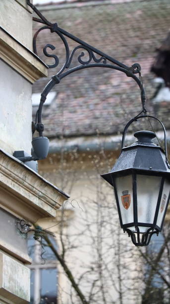 Streetlights outside an ornate building in Nice, France.
