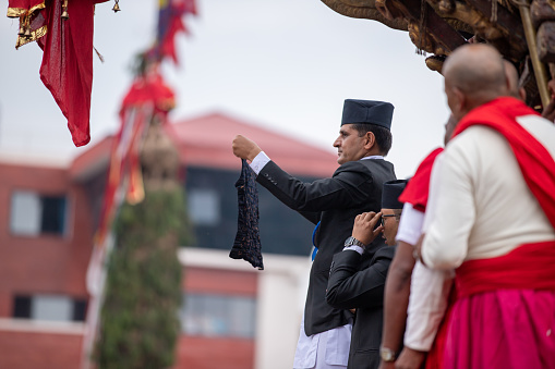 June 4, 2022. Kathmandu, Nepal. Members of Guthi Sansthan display the bejeweled vest known as Bhoto to the public from the chariot on celebration of Bhoto Jatra festival at Jawalakhel, Patan, Nepal. Rato Machindranath is also said as the 'god of rain and both Hindus and Buddhists worship the Machindranath in hope of good rain to prevent drought during the rice plantation season.