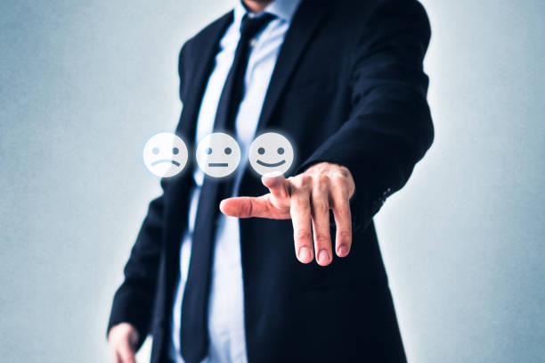 istock costumer review concept, man pointing on happy smiling face   - 1401279754