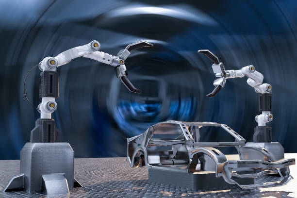 istock Car production processing service in factory robot hi tech. robotic AI control arm hand robot artificial for car technology in garage dealership with tech hand cyborg 2022 3D RENDER 1401280551