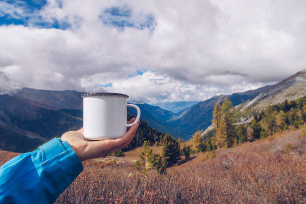 istock Hand holding enamel white mug mockup with forest and mountains valley background. Trekking merchandise and camping gear. Stock wildwood photo with white metal cup. Rustic product template. 1401283063