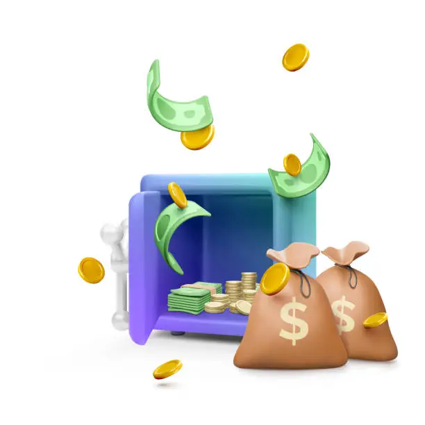 Vector illustration of Money safe with open door and paper bills and gold coin inside and money bags next. Falling green dollars and coins in realistic cartoon style