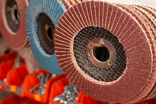 a set of abrasive grinding wheels for construction work. The assortment of the construction store
