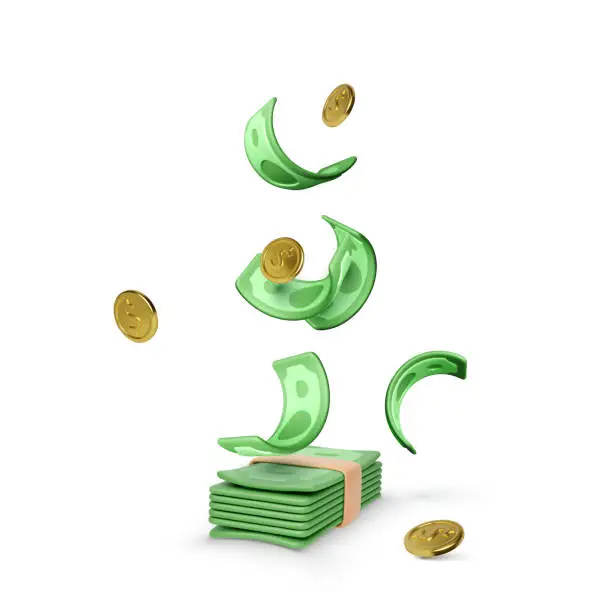 Vector illustration of Falling paper currency to wad of money. Bunch of cash with gold coins and green dollars. Stack of money in realistic cartoon style