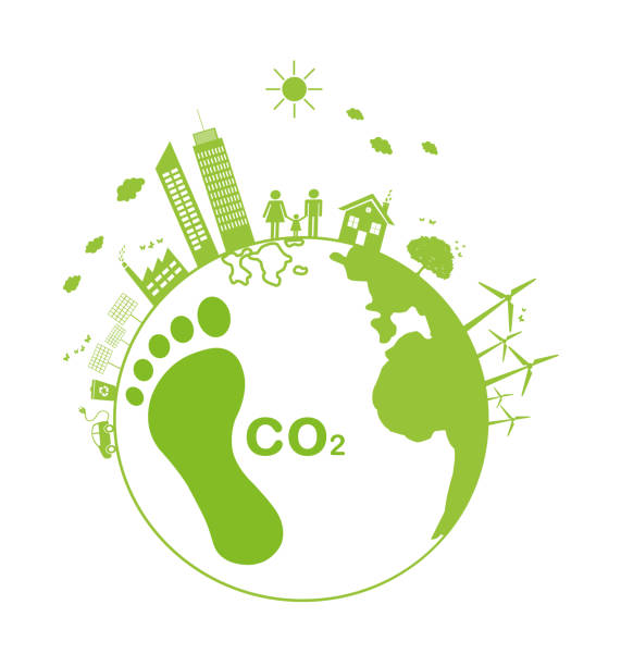 illustrazioni stock, clip art, cartoni animati e icone di tendenza di impronta di carbonio con un globo. impatto umano sulla terra. impronte verdi con mappa del mondo. - environmental footprint