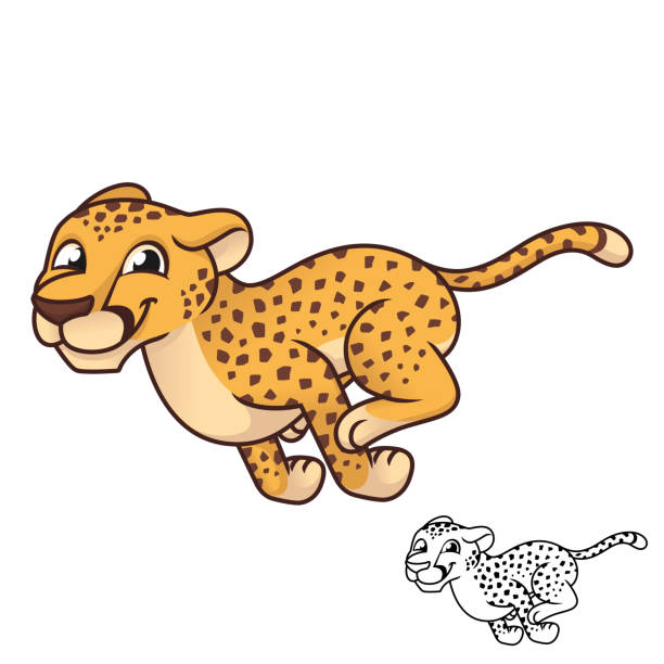 süßer fröhlicher gepard, der mit schwarz-weiß-strichzeichnung schnell läuft - leopard jaguar animal speed stock-grafiken, -clipart, -cartoons und -symbole