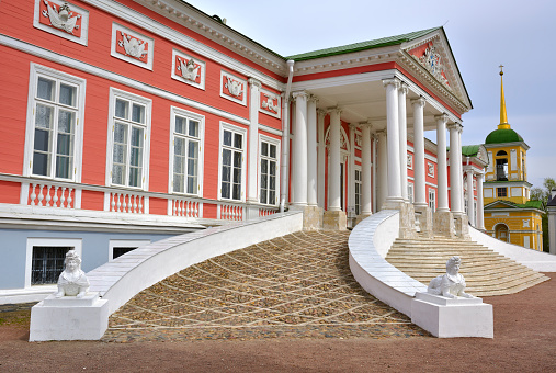 Moscow, Russia, 05.11.2022. Kuskovo Palace and Park Complex. Ramp with female sphinxes on the stairs of the Sheremetyevo Palace, classical Russian architecture of the XVIII century