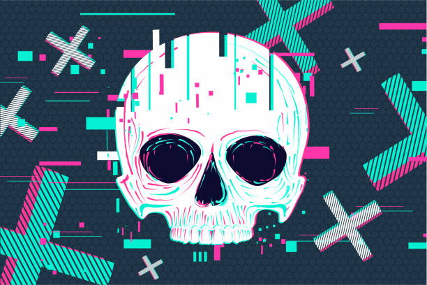 Vector skull. Glitch style vector background. Neon color digital graphic. Virtual reality game banner. vector art illustration