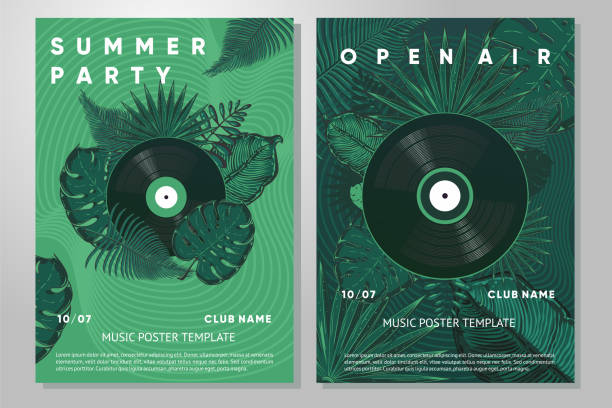 Jungle party poster with tropical leaf and vinyl disc. Summer party festival design template. Hot vector design Jungle party poster with tropical leaf and vinyl disc. Hot vector design. Summer party festival design template. dj stock illustrations