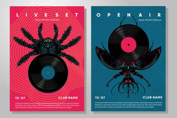 Vector illustration of Music cover design with vinyl and bug. Retro style musical poster. Summer party template.
